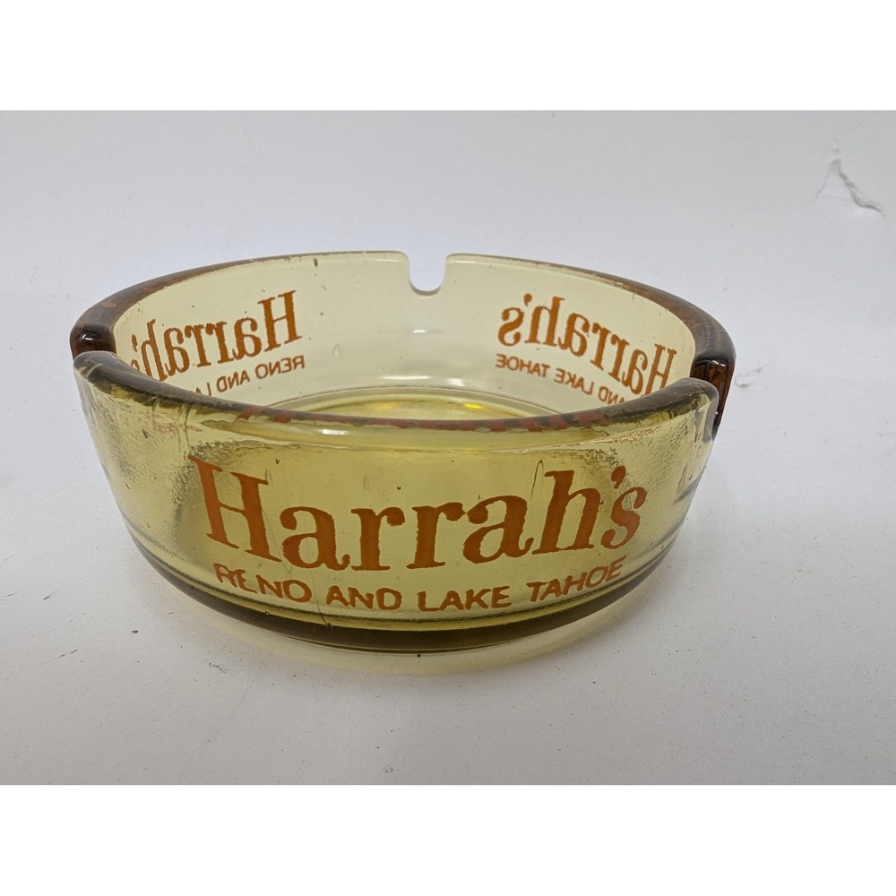 VINTAGE Harrahs Casino Ashtray Reno & Lake Tahoe‎ Amber Glass Advertising Promo